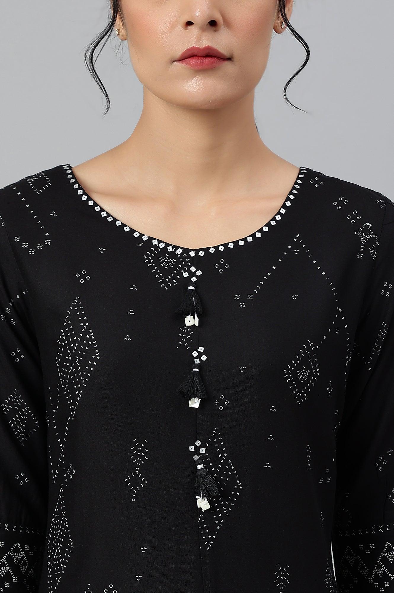 Women’s Stylish Black Printed A-Line Kurta with Elegant Cowl Hemline  | KS-45