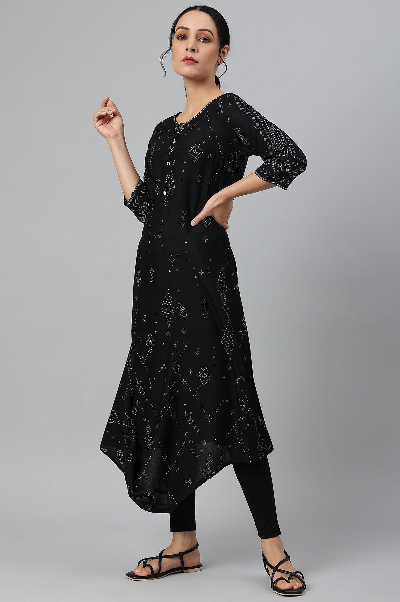 Women’s Stylish Black Printed A-Line Kurta with Elegant Cowl Hemline  | KS-45