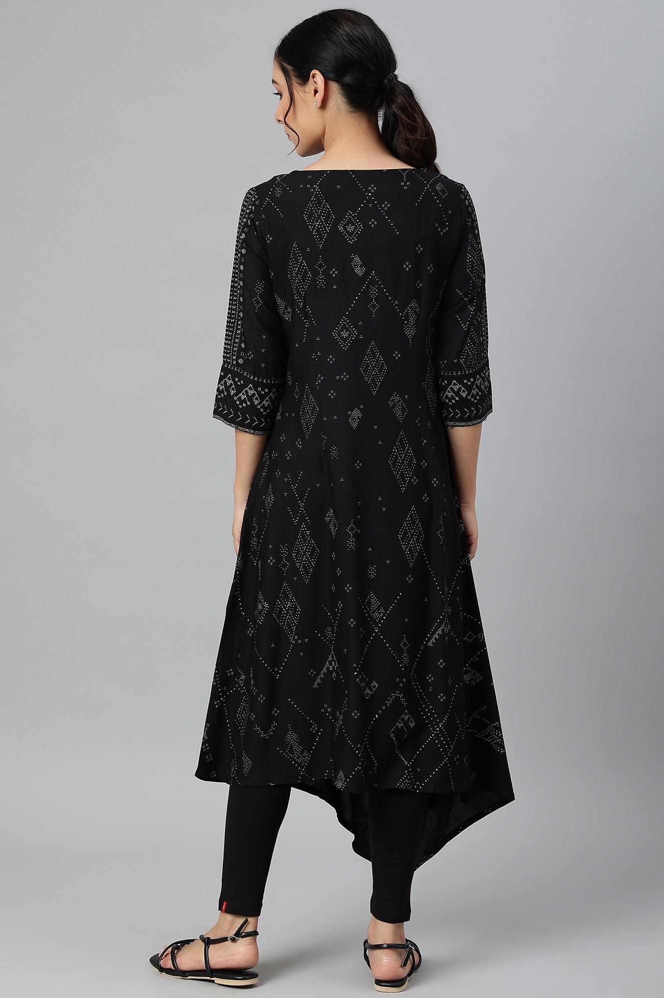 Women’s Stylish Black Printed A-Line Kurta with Elegant Cowl Hemline  | KS-45