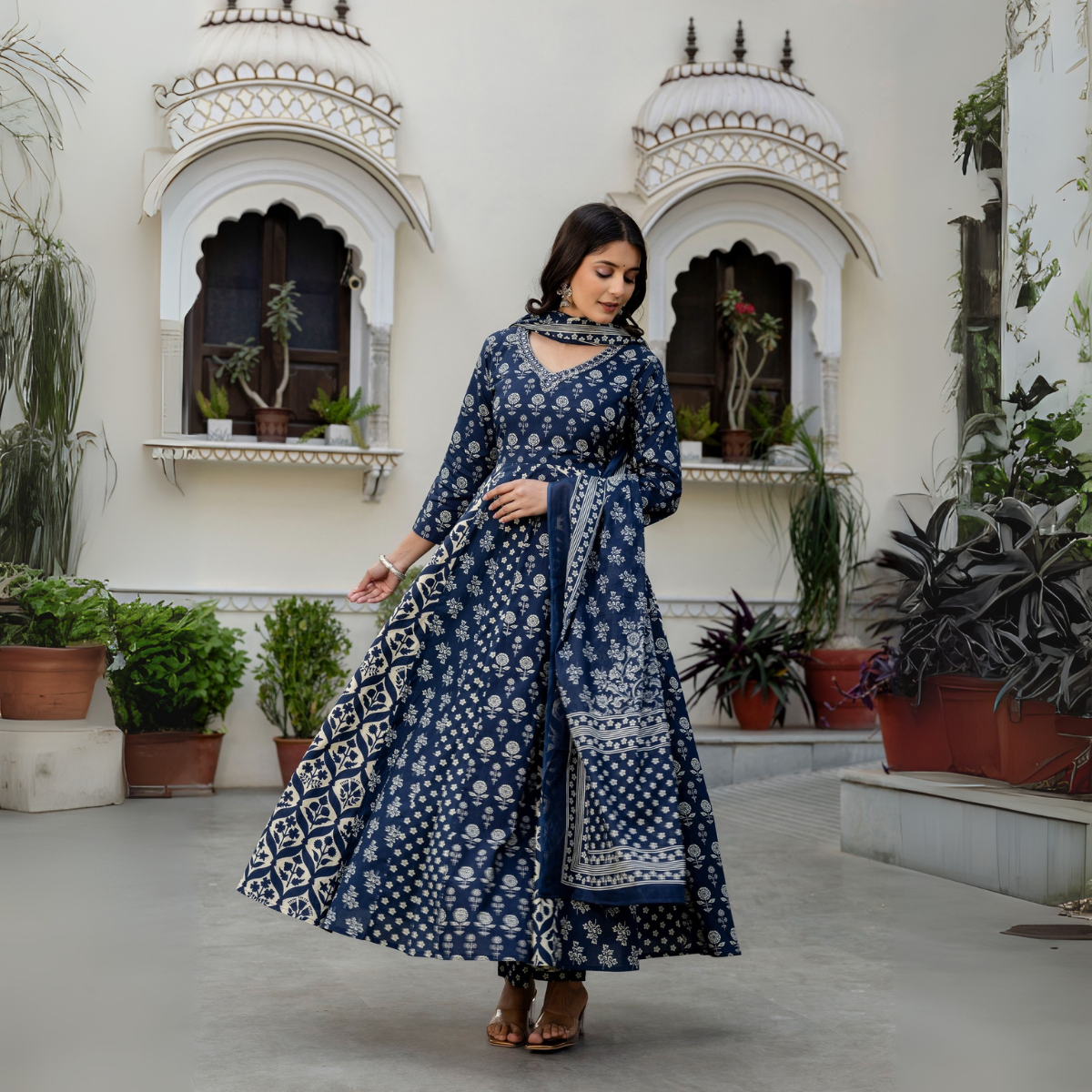 Women's Blue Pure Cotton Anarkali Kurta with Pant and Dupatta – Stylish & Breathable | KS-08