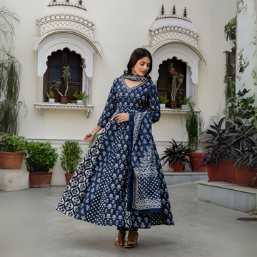 Women's Blue Pure Cotton Anarkali Kurta with Pant and Dupatta – Stylish & Breathable | KS-08