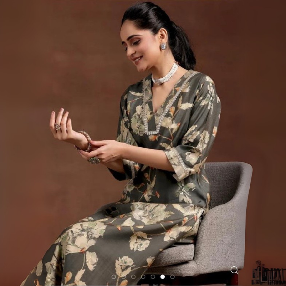 Grey Floral Print -Kurta Set