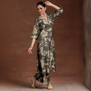 Grey Floral Print -Kurta Set