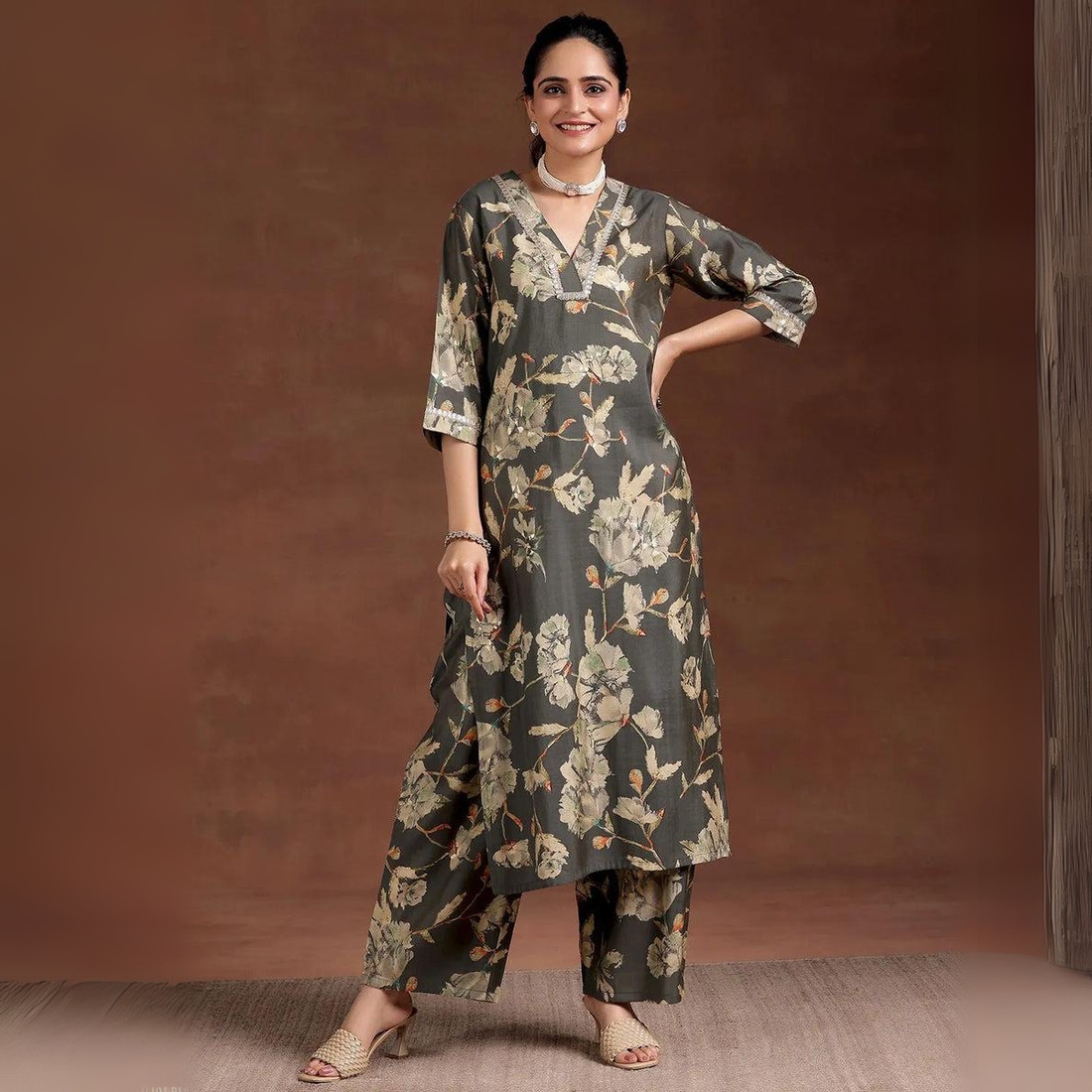Grey Floral Print -Kurta Set