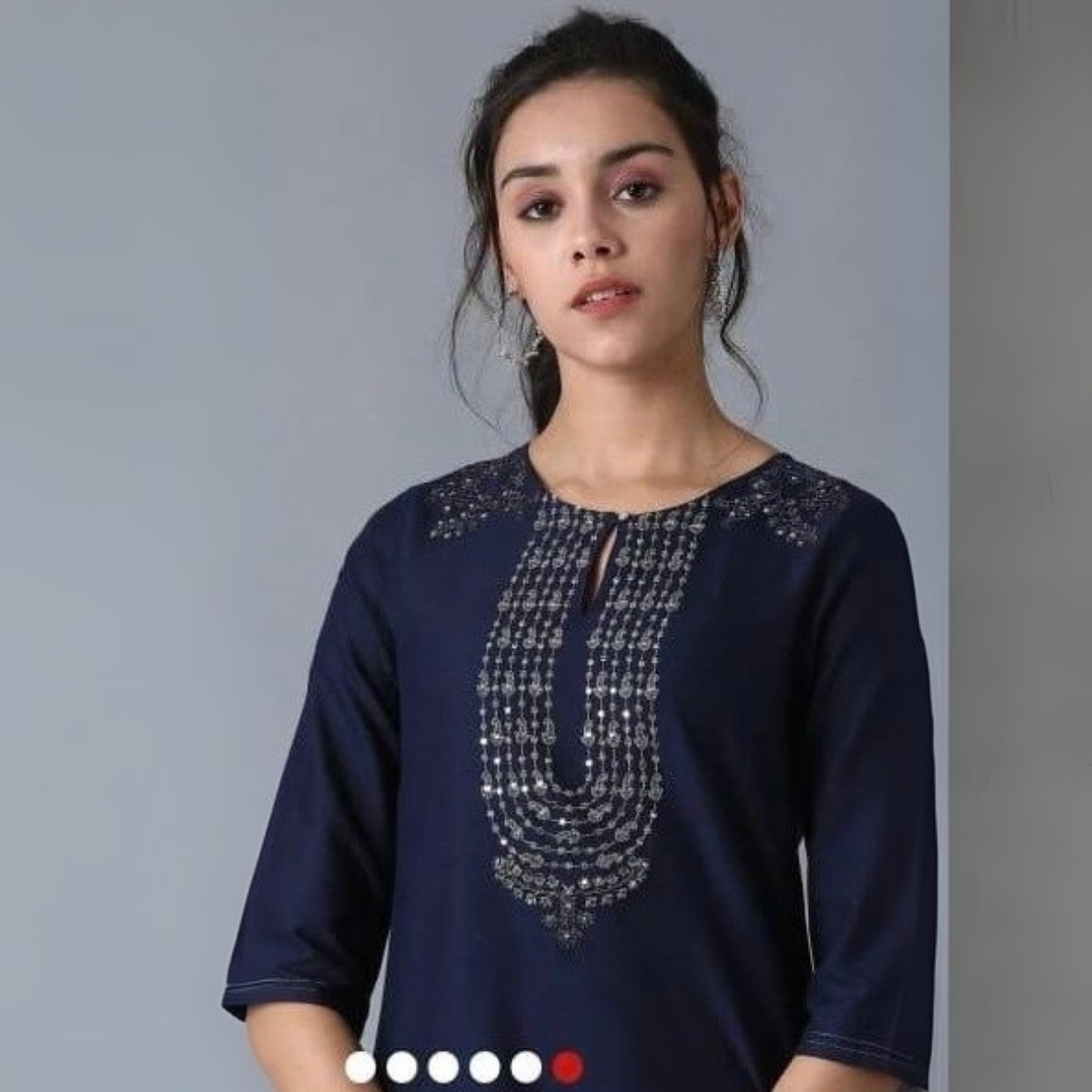 Classic Blue Embroidered Yoke Straight Kurta for Women | KS-41