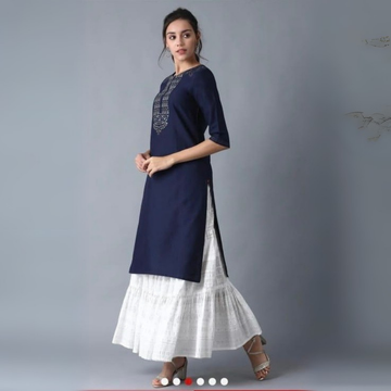 Classic Blue Embroidered Yoke Straight Kurta for Women | KS-41