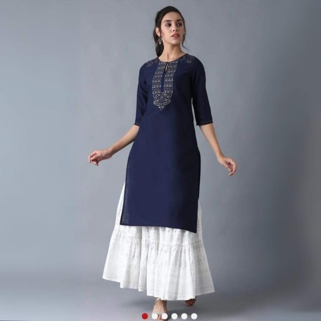 Classic Blue Embroidered Yoke Straight Kurta for Women | KS-41
