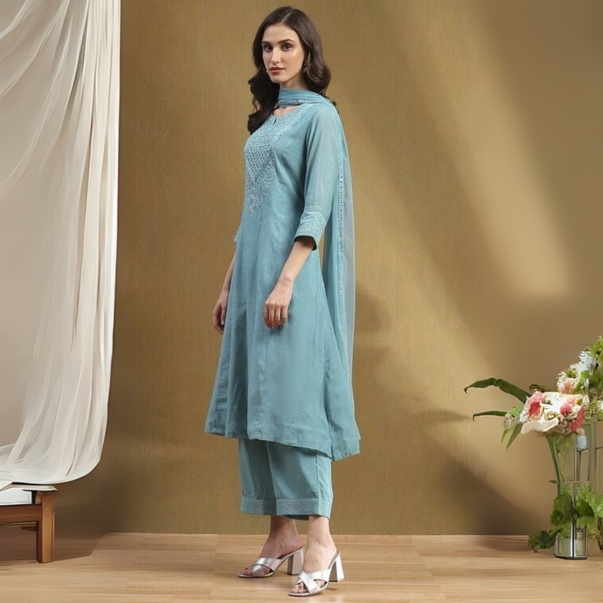 Women’s Kurta Set with Dupatta - Floral Embroidered Cotton Suit | KS-22