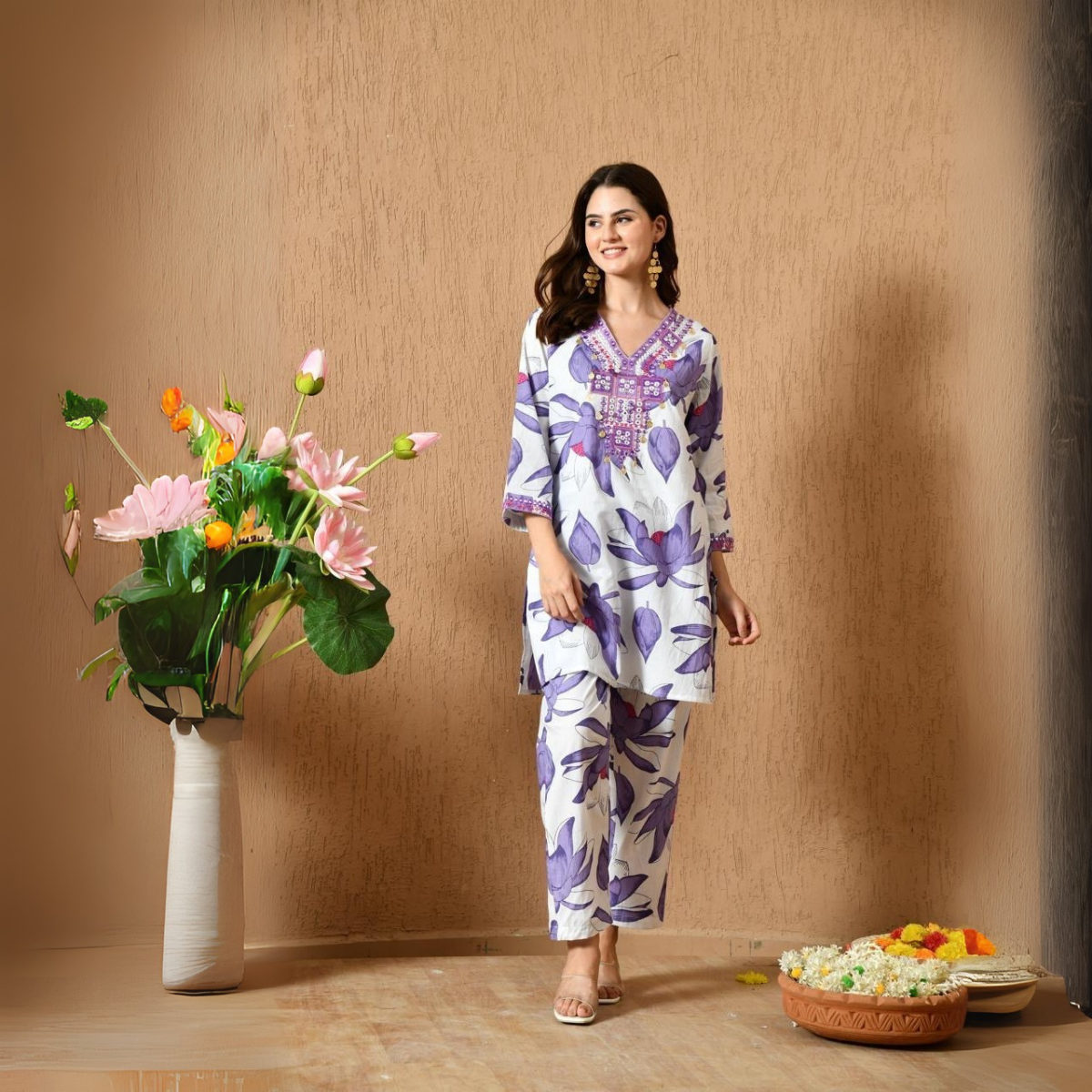 Women’s Green Cotton Co-Ord Set Featuring Mirror and Thread Work | ICS -03