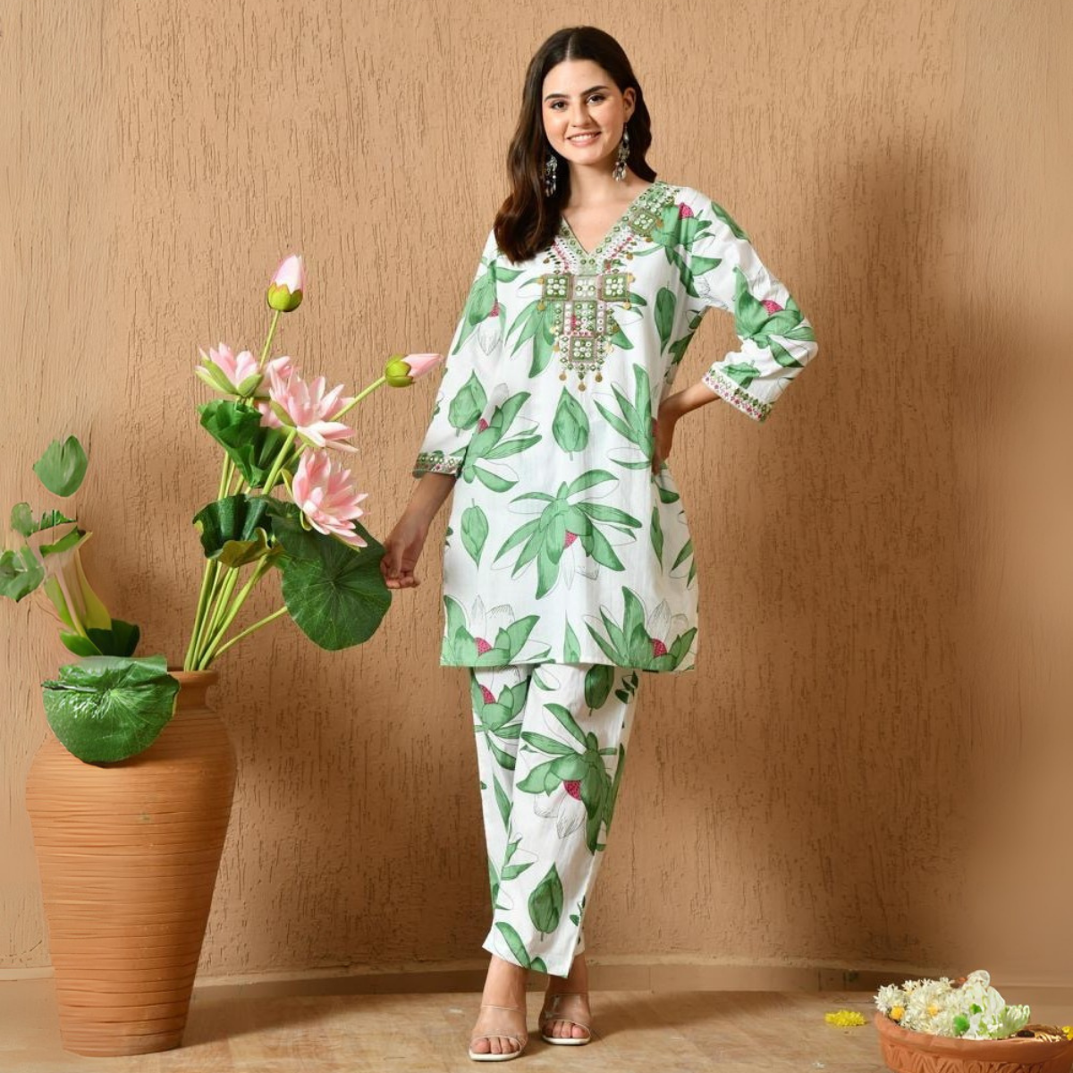 Women’s Green Cotton Co-Ord Set Featuring Mirror and Thread Work | ICS -03