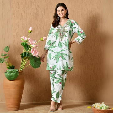 Women’s Green Cotton Co-Ord Set Featuring Mirror and Thread Work | ICS -03