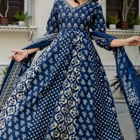 Women's Blue Pure Cotton Anarkali Kurta with Pant and Dupatta – Stylish & Breathable | KS-08