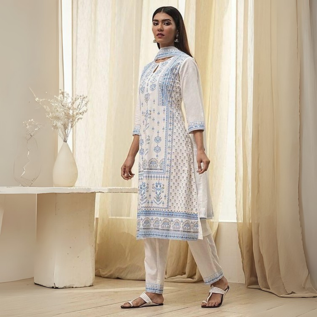 Off-White and Blue Cotton Straight Suit Set | KS-23