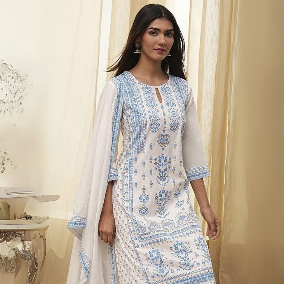 Off-White and Blue Cotton Straight Suit Set | KS-23