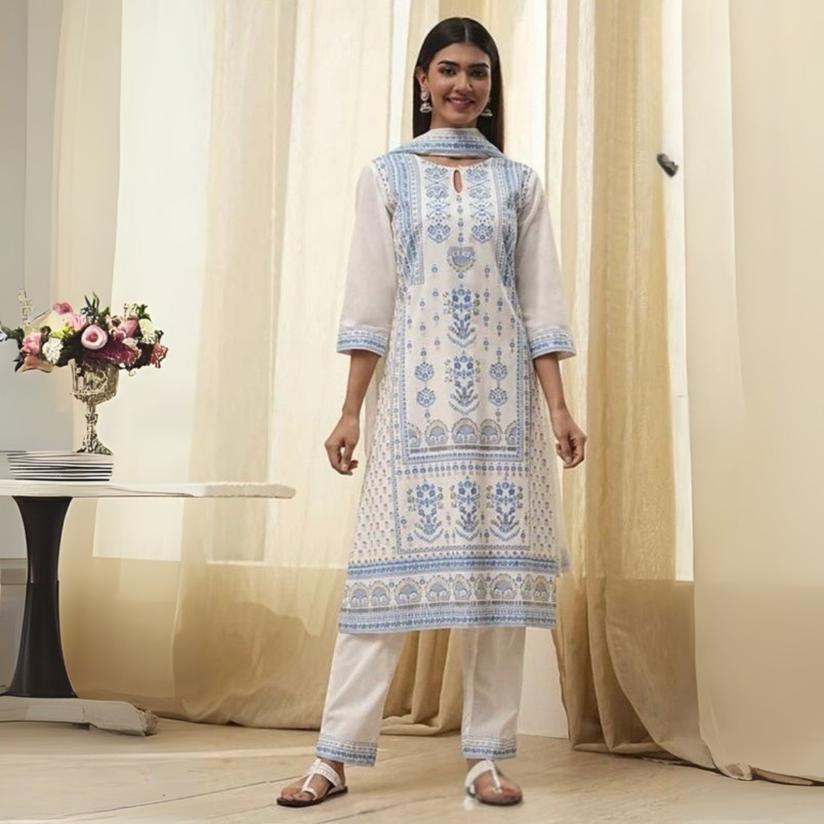 Off-White and Blue Cotton Straight Suit Set | KS-23