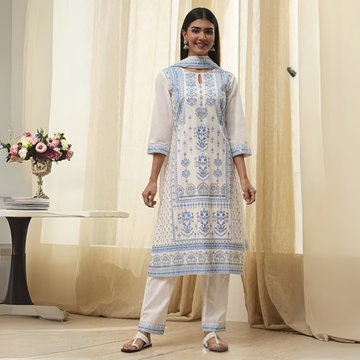 Off-White and Blue Cotton Straight Suit Set | KS-23
