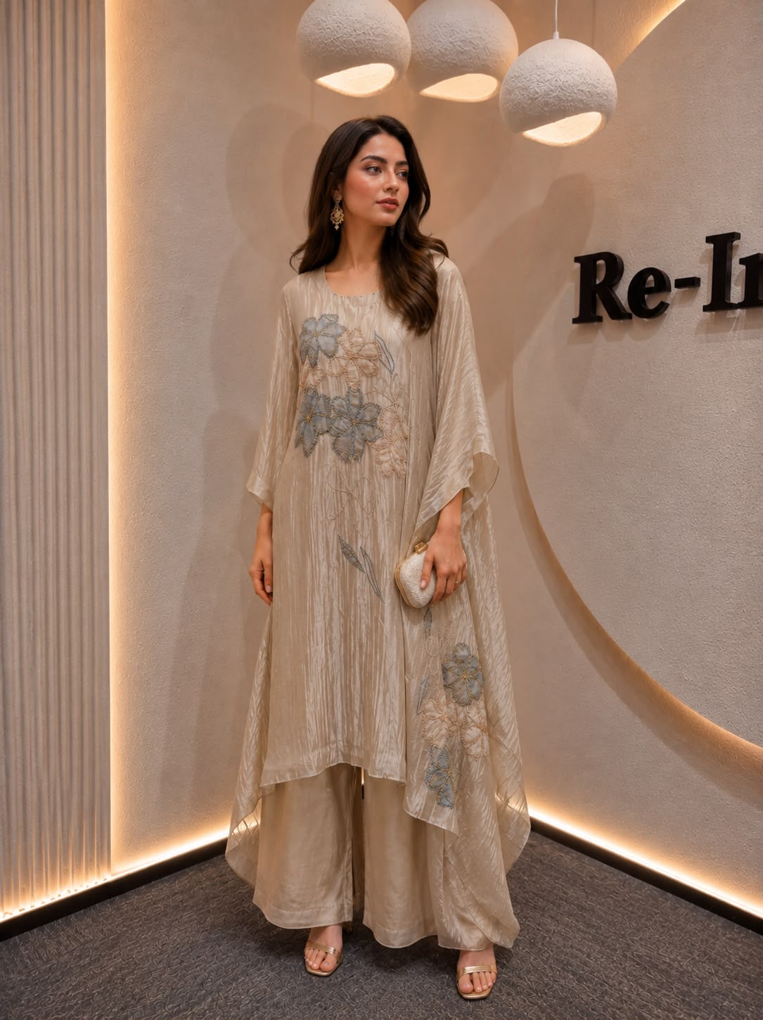 Champagne Floral Embroidery Kaftan Set