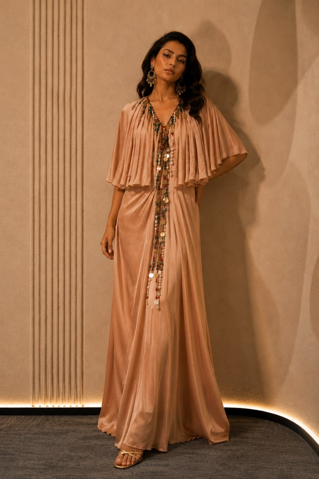 Beige Cape Sleeve Draped Gown