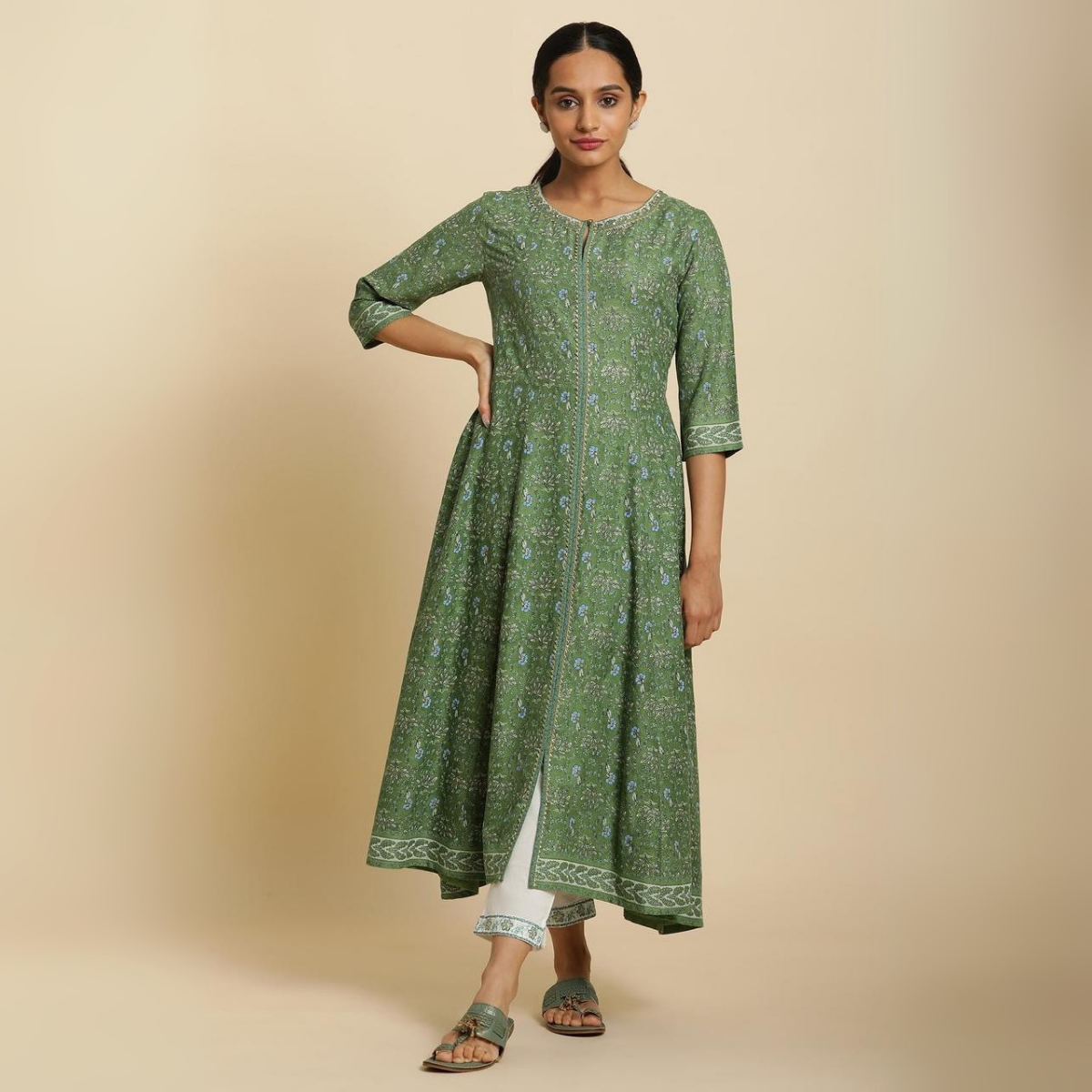 "Forest Green Printed Panelled Kurta for Women – Elegant Ethnic Wear | KS-71