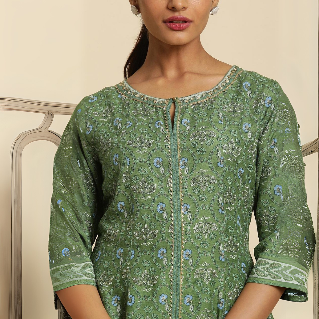 "Forest Green Printed Panelled Kurta for Women – Elegant Ethnic Wear | KS-71