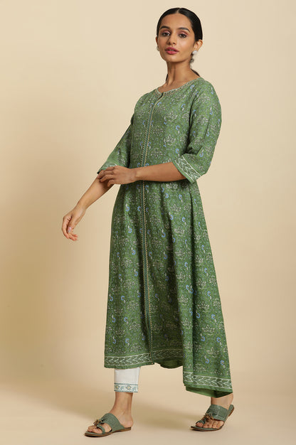 "Forest Green Printed Panelled Kurta for Women – Elegant Ethnic Wear | KS-71