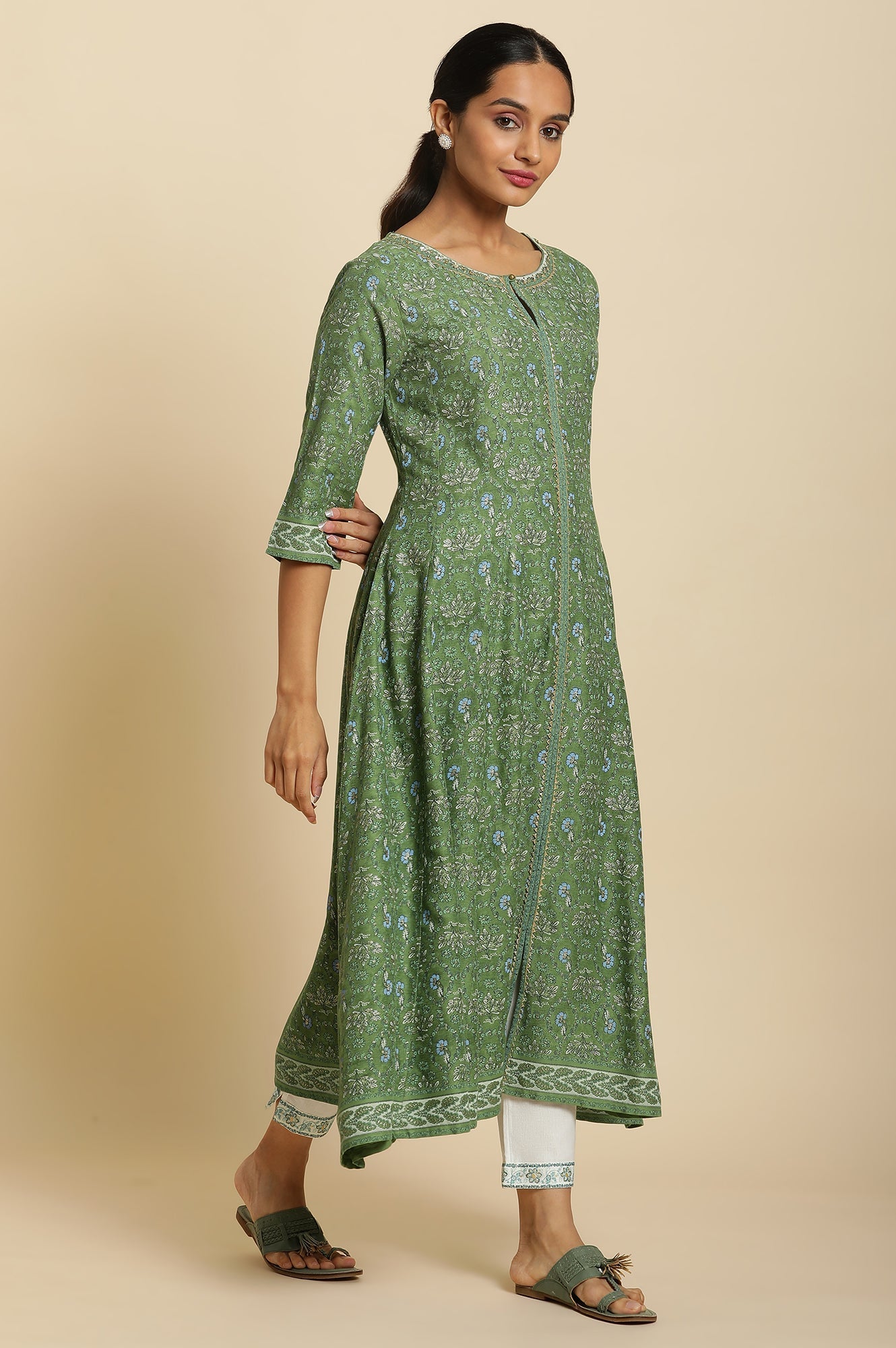 "Forest Green Printed Panelled Kurta for Women – Elegant Ethnic Wear | KS-71