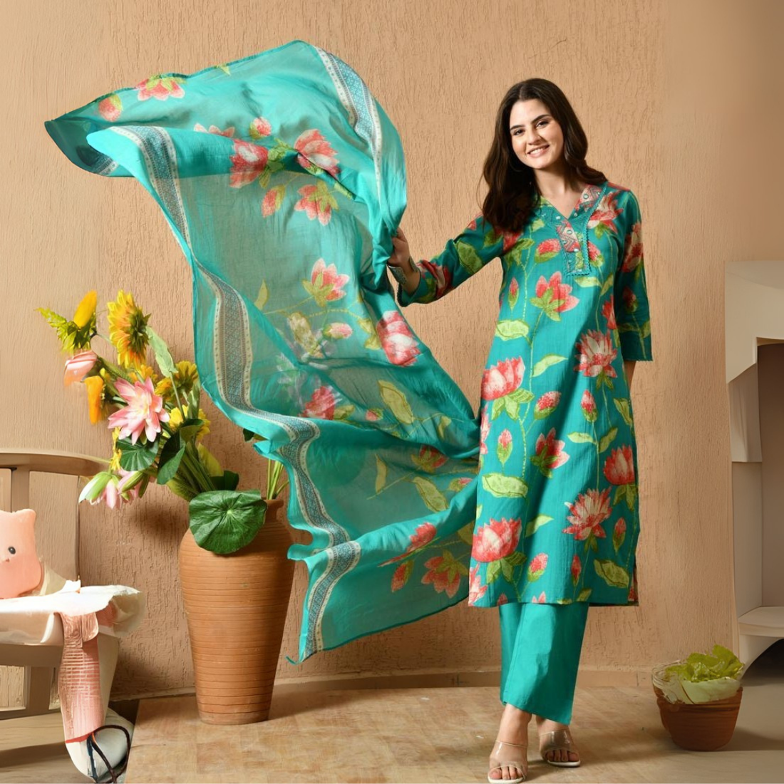 Women's Cotton Kurta & Pant With Dupatta Set | KS-20