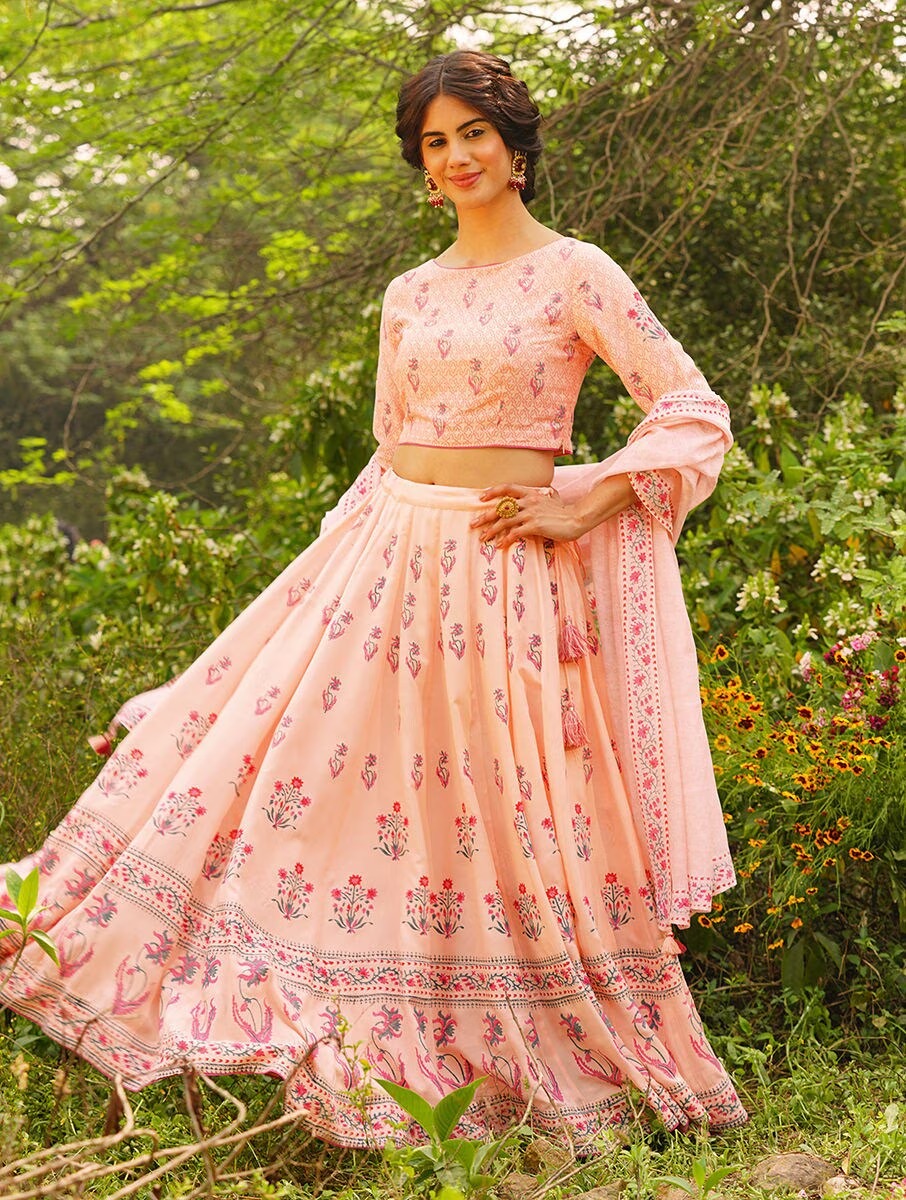 Peach Floral Printed Lehenga Choli with Dupatta – Elegant Indian Ethnic Wear for Weddings & Festive Occasions  | LS-03