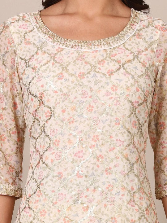 Soft Beige Printed Cotton Kurta with Light Sequin Work – Stylish and Comfortable for Women | KS-25