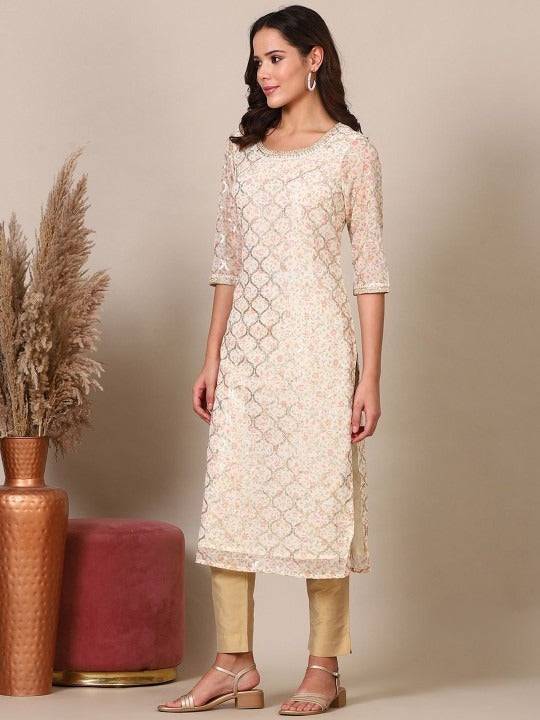 Soft Beige Printed Cotton Kurta with Light Sequin Work – Stylish and Comfortable for Women | KS-25