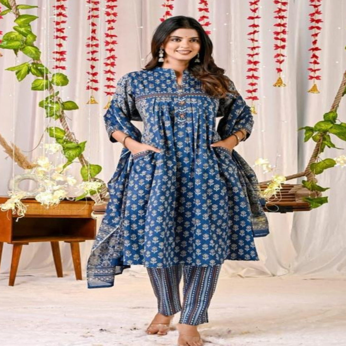 Women's Blue Cotton Kurta Frock with Matching Pant and Dupatta | KS-05