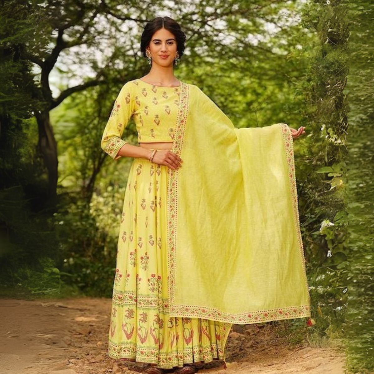 Yellow Floral Printed Lehenga Choli with Dupatta – Elegant Indian Ethnic Wear for Weddings & Festive Occasions | LS-02