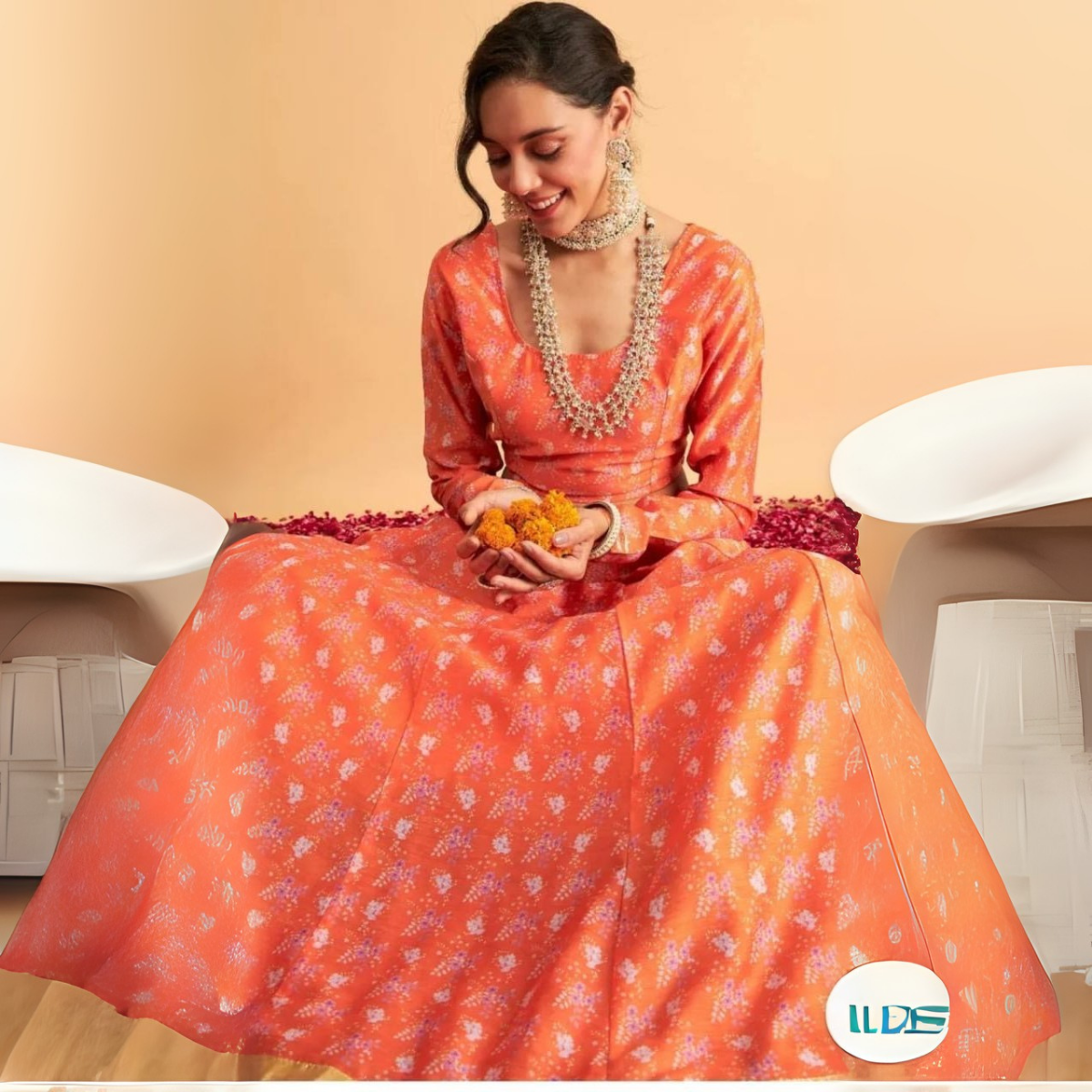 Orange Silk Printed Lehenga Choli with Golden Border – Festive & Wedding Ethnic Wear for Women | LS-04