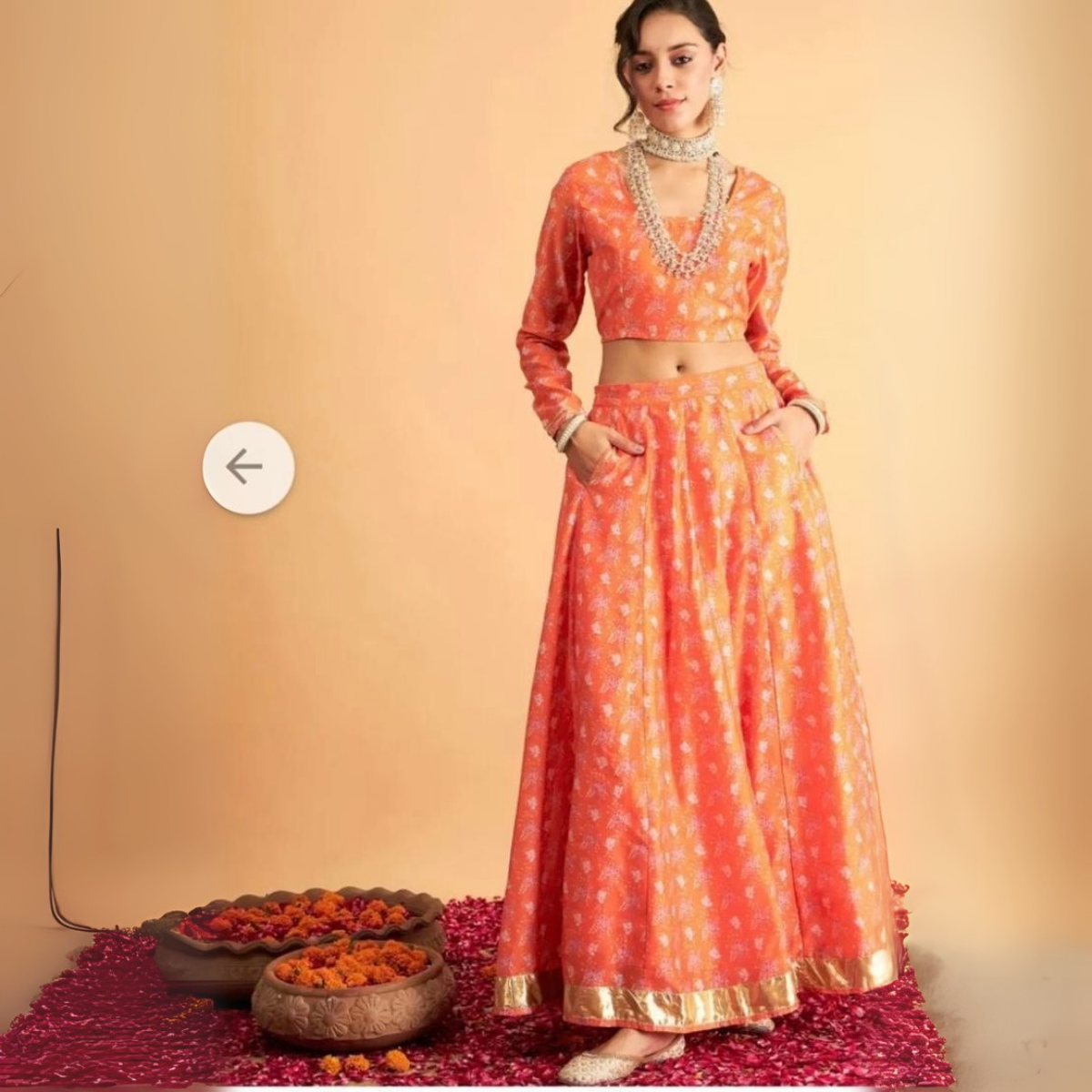 Orange Silk Printed Lehenga Choli with Golden Border – Festive & Wedding Ethnic Wear for Women | LS-04