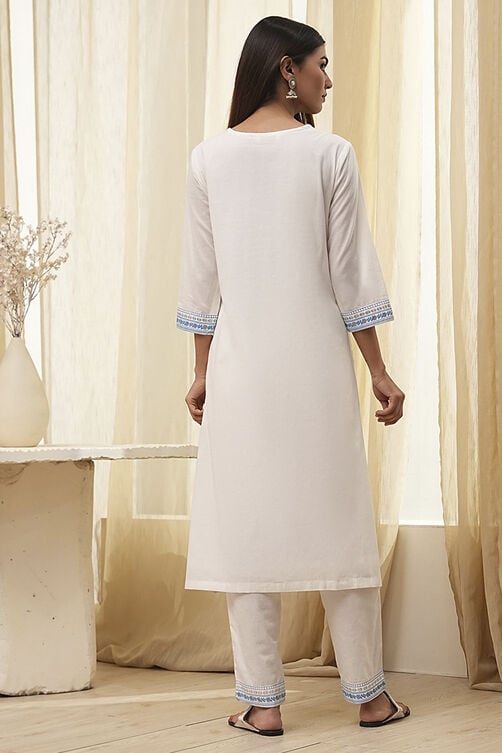 Off-White and Blue Cotton Straight Suit Set | KS-23