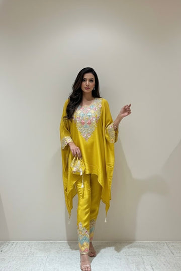 Sitara Embroidered Kaftan Set With Matching Embroidered Potli Bag | Available in 3 colors