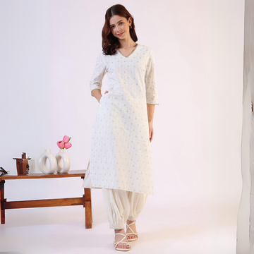 White Cotton Straight Kurta for Women with Geometric Design | KS-42