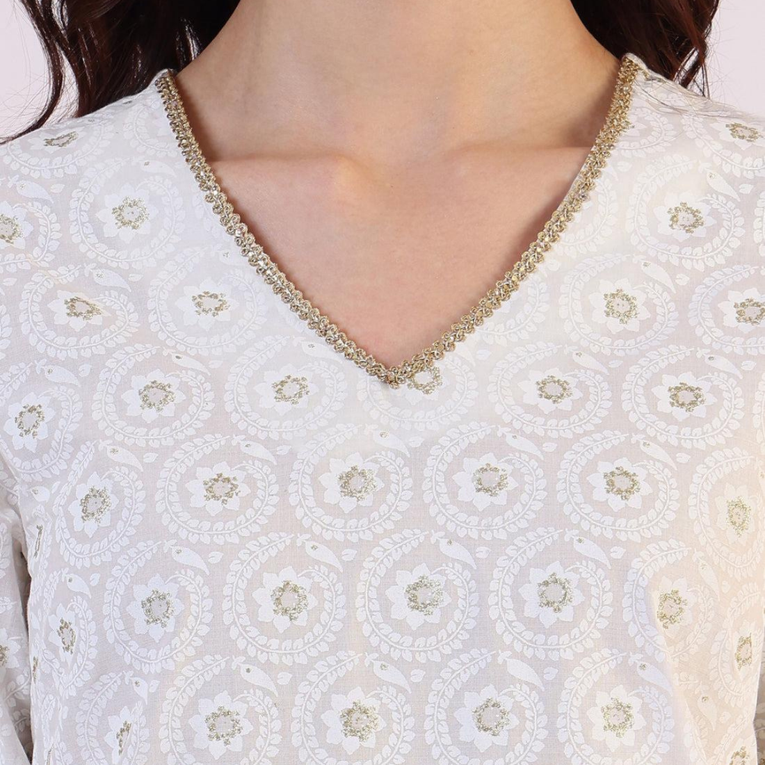 White Cotton Straight Kurta for Women with Geometric Design | KS-42